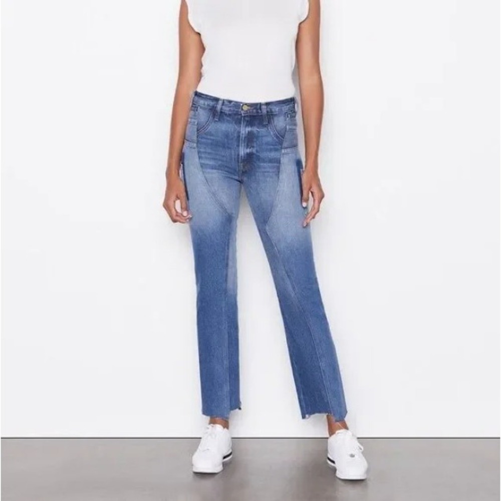 FRAME Enzo Wash High Rise Inverted Raw Hem Straight‎ Leg Jeans Paneled Denim 26